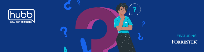 Illustration of a woman pondering and leaning against a giant question mark