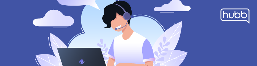woman talking with a headset at a laptop graphic
