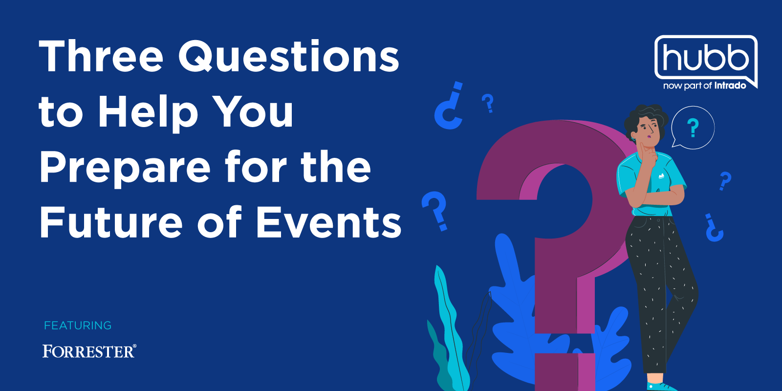 Three questions to help you prepare for the future of events with illustration of woman pondering.